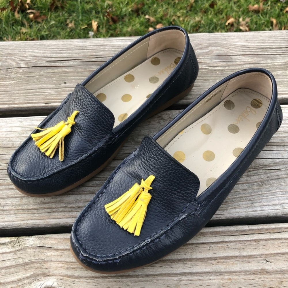 Boden Navy Blue Leather Moccasin Loafers Yellow Tassels Preppy Casual Size 37